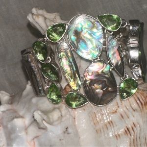 Artisan Designed & Handcrafted Gorgeous Abalone + Green Topaz cuff bracelet